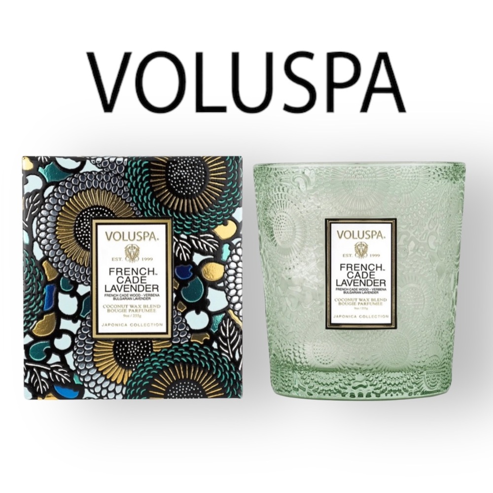 Voluspa, French Cade And Lavender Embossed Glass Classic Candle 9 Oz, NEW